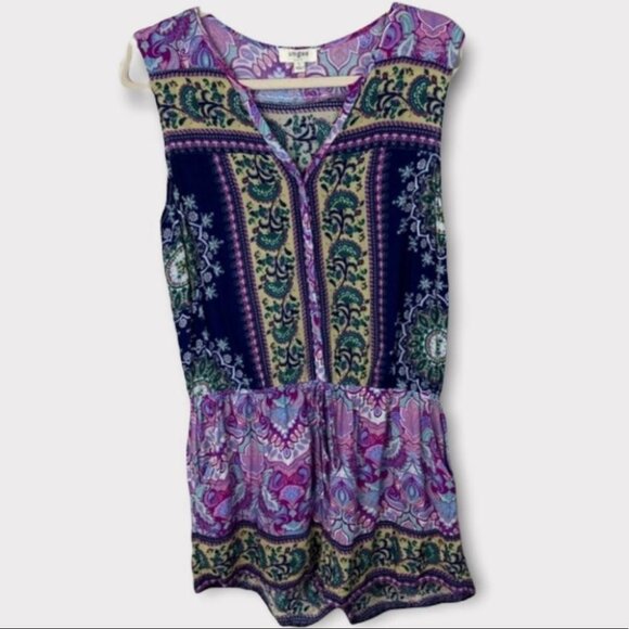 Umgee Jeweltone Print Sleeveless Romper Purple Size Large Bohemian Pockets Boho - Picture 2 of 8